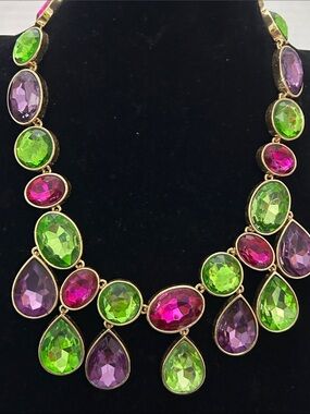 A Scassi Teardrop Statement Necklace - Green, Purple & Pink